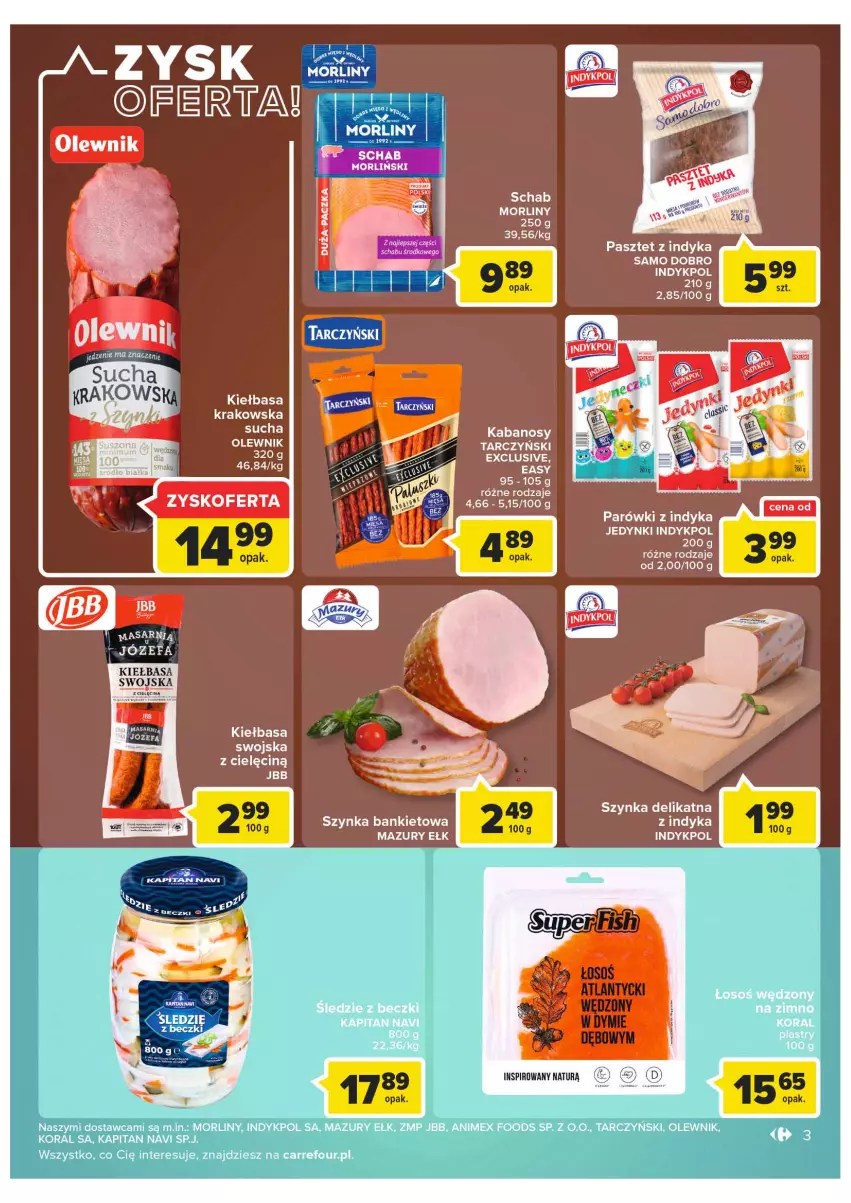 Gazetka promocyjna Carrefour - Gazetka Carrefour - ważna 01.03 do 12.03.2022 - strona 3 - produkty: Fa, Kabanos, Kiełbasa, LG, Morliny, Olewnik, Parówki, Parówki z indyka, Pasztet, Pasztet z indyka, Szynka, Tarczyński