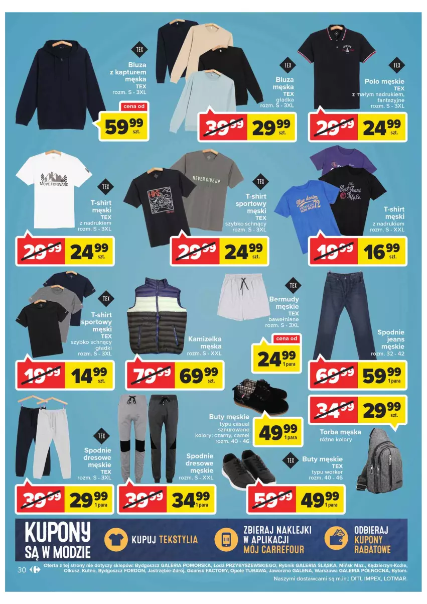 Gazetka promocyjna Carrefour - Gazetka Carrefour - ważna 01.03 do 12.03.2022 - strona 30 - produkty: Bluza, Bluza z kapturem, Buty, Dres, Fa, Fanta, Kamizelka, Por, Spodnie, Spodnie dresowe, Sport, T-shirt, Torba