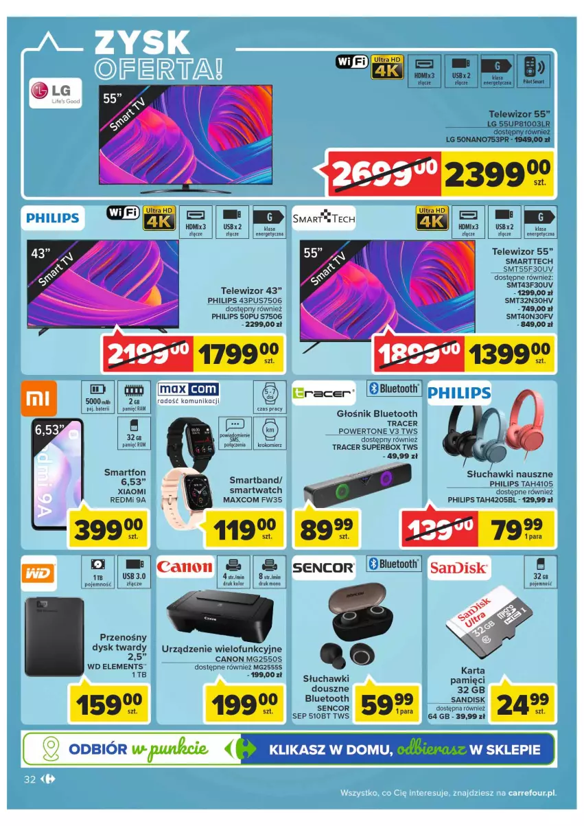 Gazetka promocyjna Carrefour - Gazetka Carrefour - ważna 01.03 do 12.03.2022 - strona 32 - produkty: Acer, Canon, Głośnik, Głośnik bluetooth, Krokomierz, LG, Philips, Sencor, Słuchawki, Smartfon, Smartwatch, Telewizor, Urządzenie wielofunkcyjne