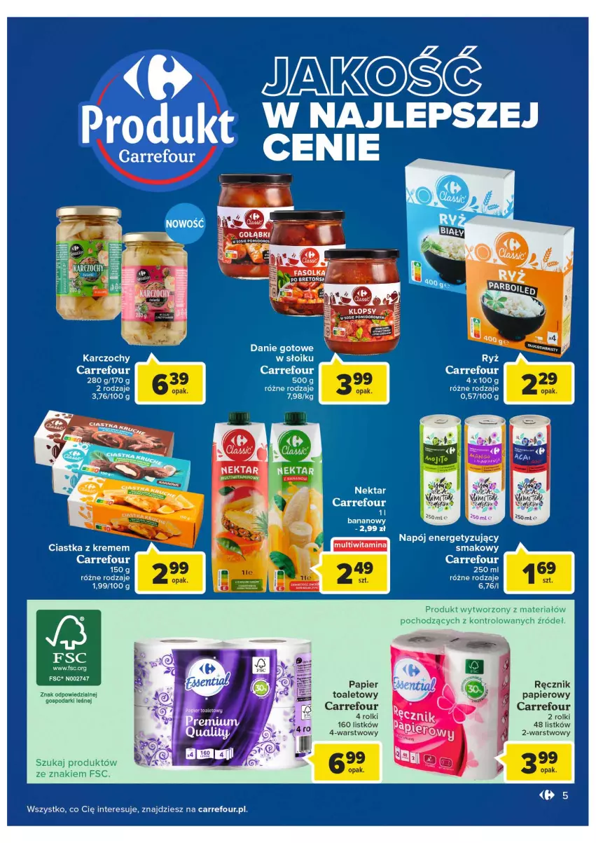 Gazetka promocyjna Carrefour - Gazetka Carrefour - ważna 01.03 do 12.03.2022 - strona 5 - produkty: Ciastka, Danie gotowe, Fa, Karczochy, Napój, Papier, Ręcznik, Rolki, Ryż, Sos