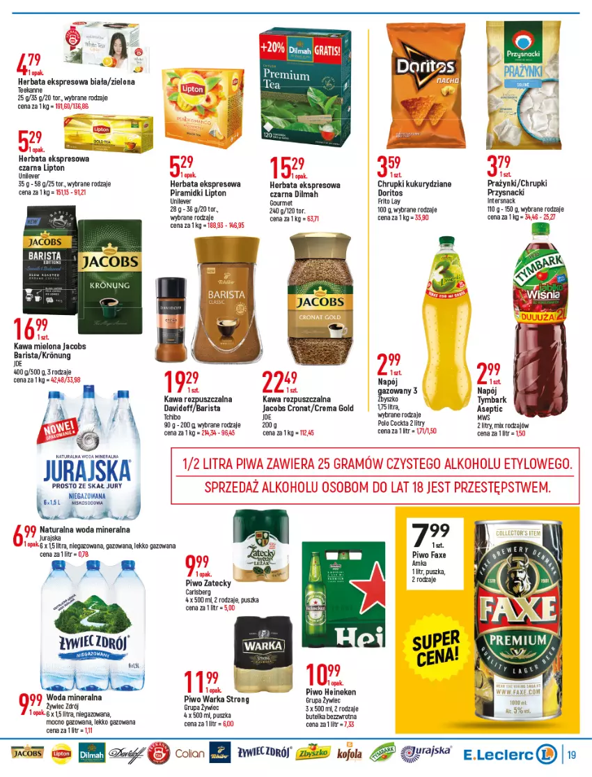 Gazetka promocyjna E Leclerc - ważna 28.12.2022 do 08.01.2023 - strona 18 - produkty: Carlsberg, Chrupki, Davidoff, Dilmah, Fa, Heineken, Herbata, Jacobs, Kawa, Kawa mielona, Kawa rozpuszczalna, Lipton, Napój, Napój gazowany, Piwo, Przysnacki, Tchibo, Teekanne, Tymbark, Warka, Woda, Woda mineralna