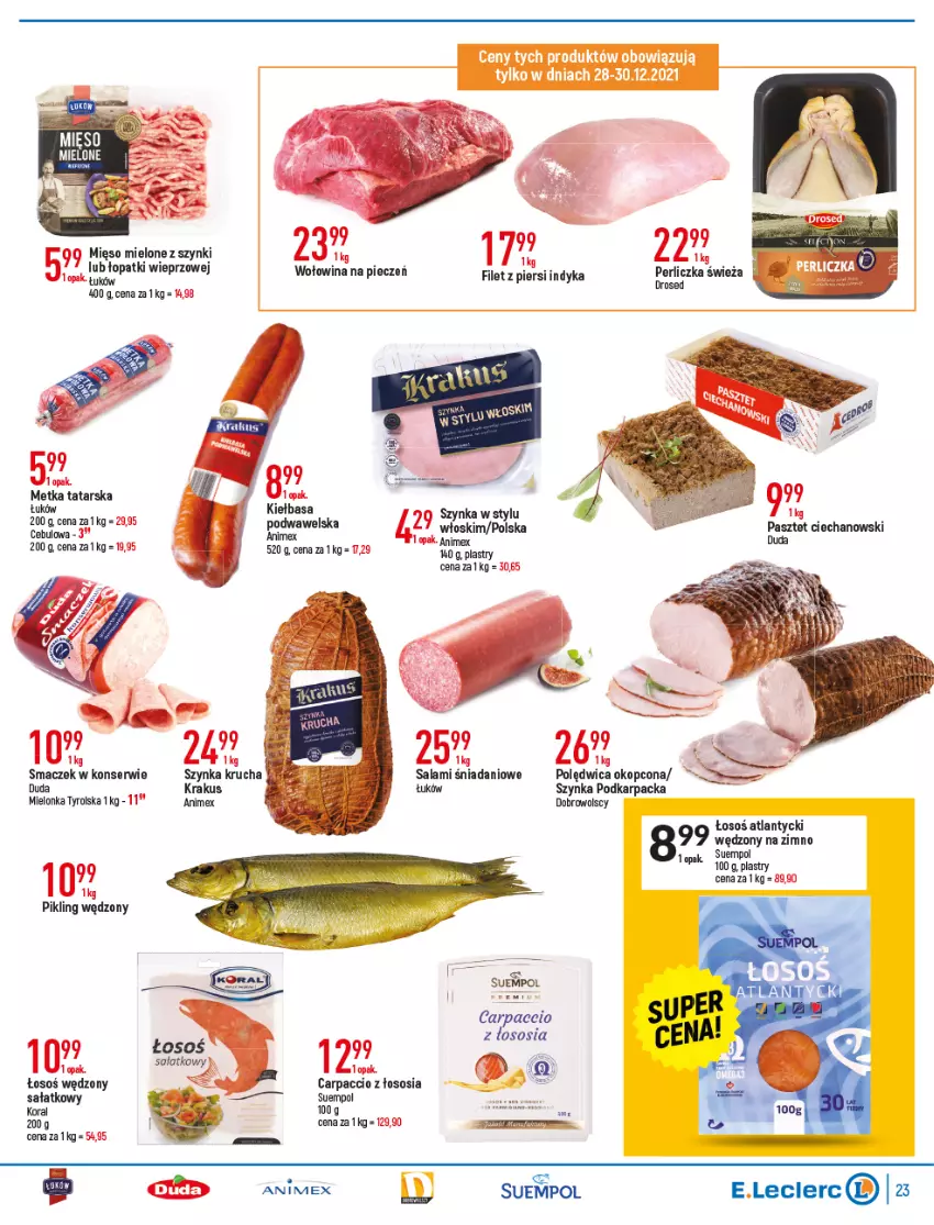 Gazetka promocyjna E Leclerc - ważna 28.12.2022 do 08.01.2023 - strona 22 - produkty: Carpaccio, Danio, Duda, Filet z piersi indyka, Karp, Kiełbasa, Mielonka tyrolska, Mięso, Mięso mielone, Mięso mielone z szynki, Perliczka, Piec, Polędwica, Salami, Sałat, Ser, Sos, Suempol, Szynka, Wawel, Wołowina