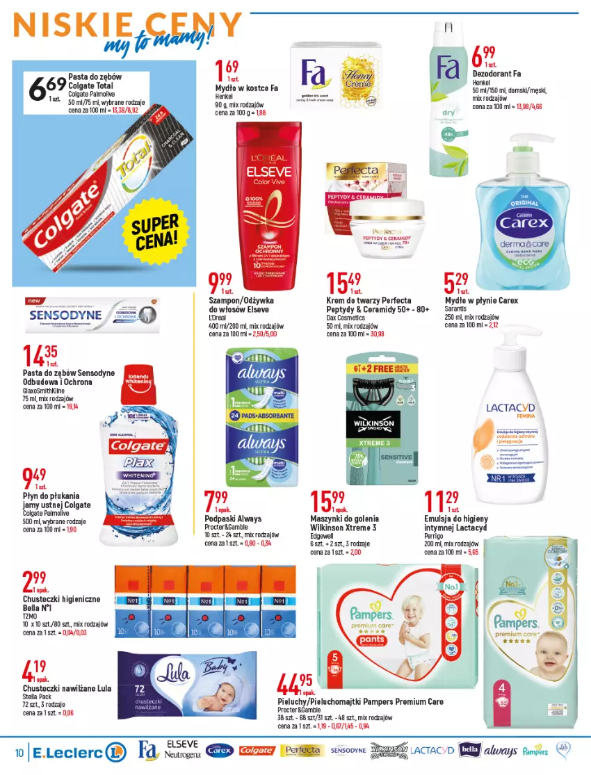 Gazetka promocyjna E Leclerc - ważna 28.12.2022 do 08.01.2023 - strona 9 - produkty: Always, Bell, Bella, Chusteczki, Colgate, Dezodorant, Elseve, Emulsja, Fa, Krem do twarzy, Lactacyd, LG, Majtki, Mydło, Mydło w płynie, Odżywka, Palmolive, Pampers, Pasta do zębów, Perfecta, Pieluchomajtki, Pieluchy, Płyn do płukania, Płyn do płukania jamy ustnej, Podpaski, Sensodyne, Szampon