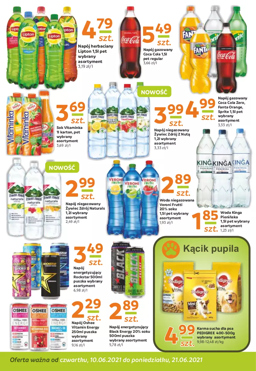 Gazetka promocyjna Gama - Gazetka Gama - ważna 10.06 do 21.06.2021 - strona 10 - produkty: Fa, Fanta, Inka, Lack, Lipton, Napój, Napój gazowany, Napój niegazowany, Oshee, Pedigree, Sok, Sprite, Woda, Woda niegazowana