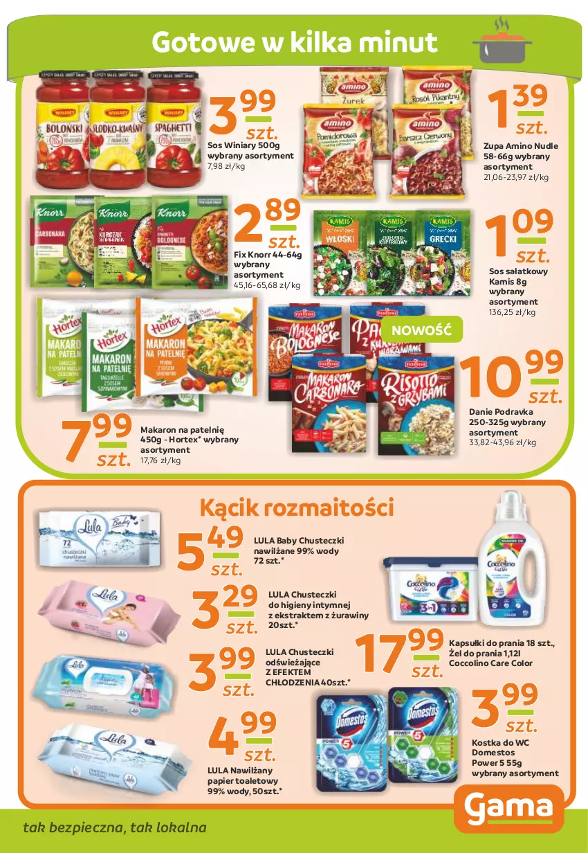 Gazetka promocyjna Gama - Gazetka Gama - ważna 10.06 do 21.06.2021 - strona 9 - produkty: Chusteczki, Chusteczki do higieny, Coccolino, Domestos, Hortex, Kamis, Kapsułki do prania, Knorr, Kostka do wc, Makaron, Nawilżany papier, Papier, Papier toaletowy, Piec, Podravka, Sałat, Sos, Winiary, Zupa