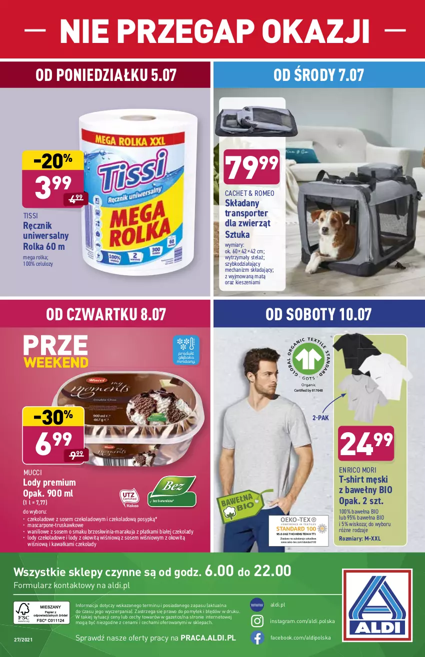 Gazetka promocyjna Aldi - OKAZJE DLA CIEBIE I DOMU - ważna 07.07 do 10.07.2021 - strona 13 - produkty: Fa, Gra, Kawa, Lody, Mascarpone, Por, Ręcznik, Sos, Sport, T-shirt, Tran, Transporter dla zwierząt, Wełna