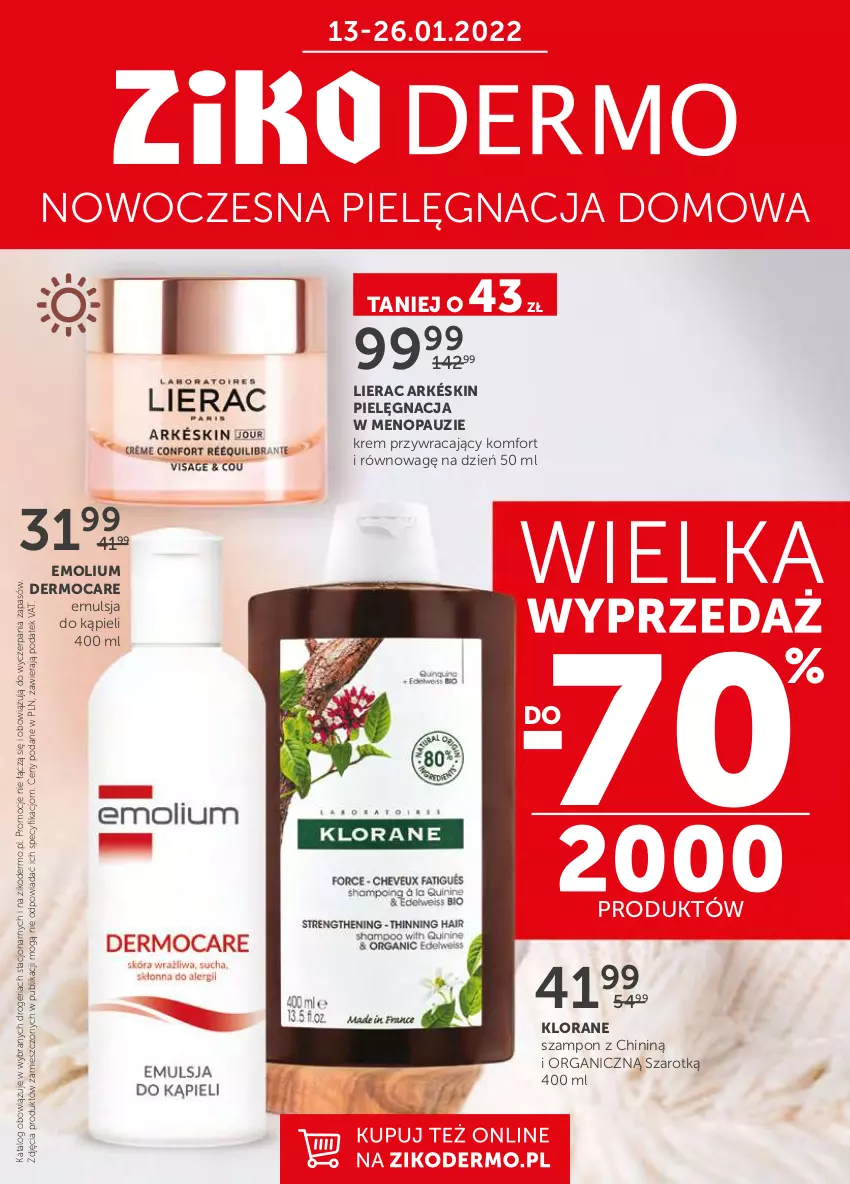 Gazetka promocyjna Ziko - 13-26.01.2021 - ważna 13.01 do 26.01.2022 - strona 1 - produkty: Emolium, Emulsja, Emulsja do kąpieli, Klorane, Lierac, Szampon