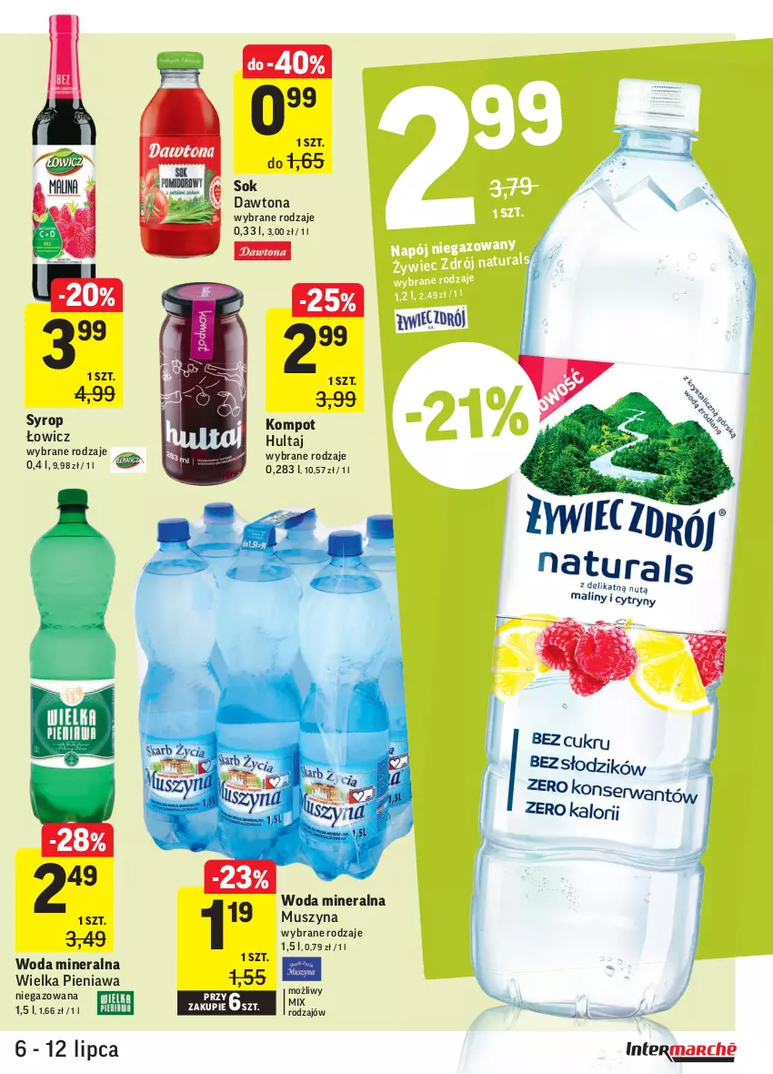 Gazetka promocyjna Intermarche - Gazetka promocyjna - ważna 06.07 do 12.07.2021 - strona 29 - produkty: Dawtona, Mus, Napój, Sok, Syrop, Szyna, Woda, Woda mineralna