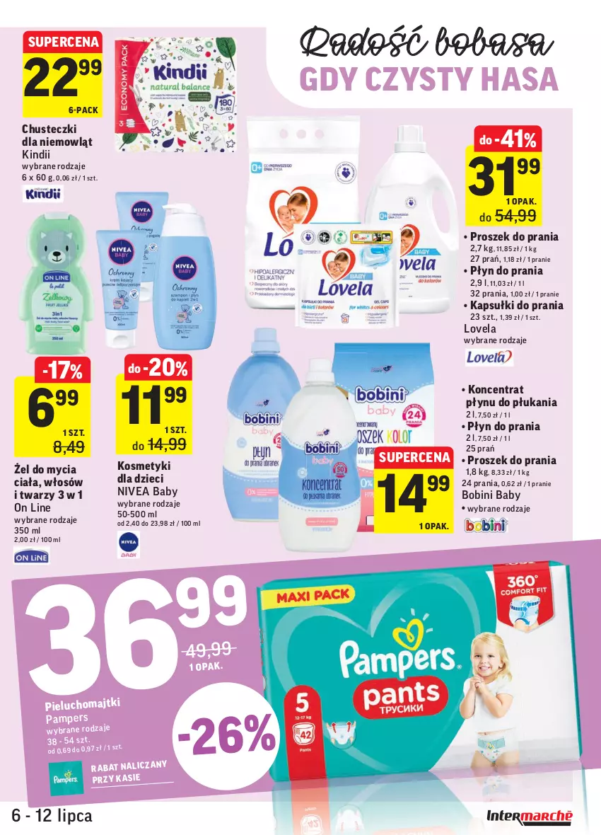 Gazetka promocyjna Intermarche - Gazetka promocyjna - ważna 06.07 do 12.07.2021 - strona 31 - produkty: Chusteczki, Dzieci, Kapsułki do prania, Kindii, Kosmetyki dla dzieci, Lovela, Majtki, Nivea, Nivea Baby, Pampers, Pieluchomajtki, Płyn do prania, Proszek do prania