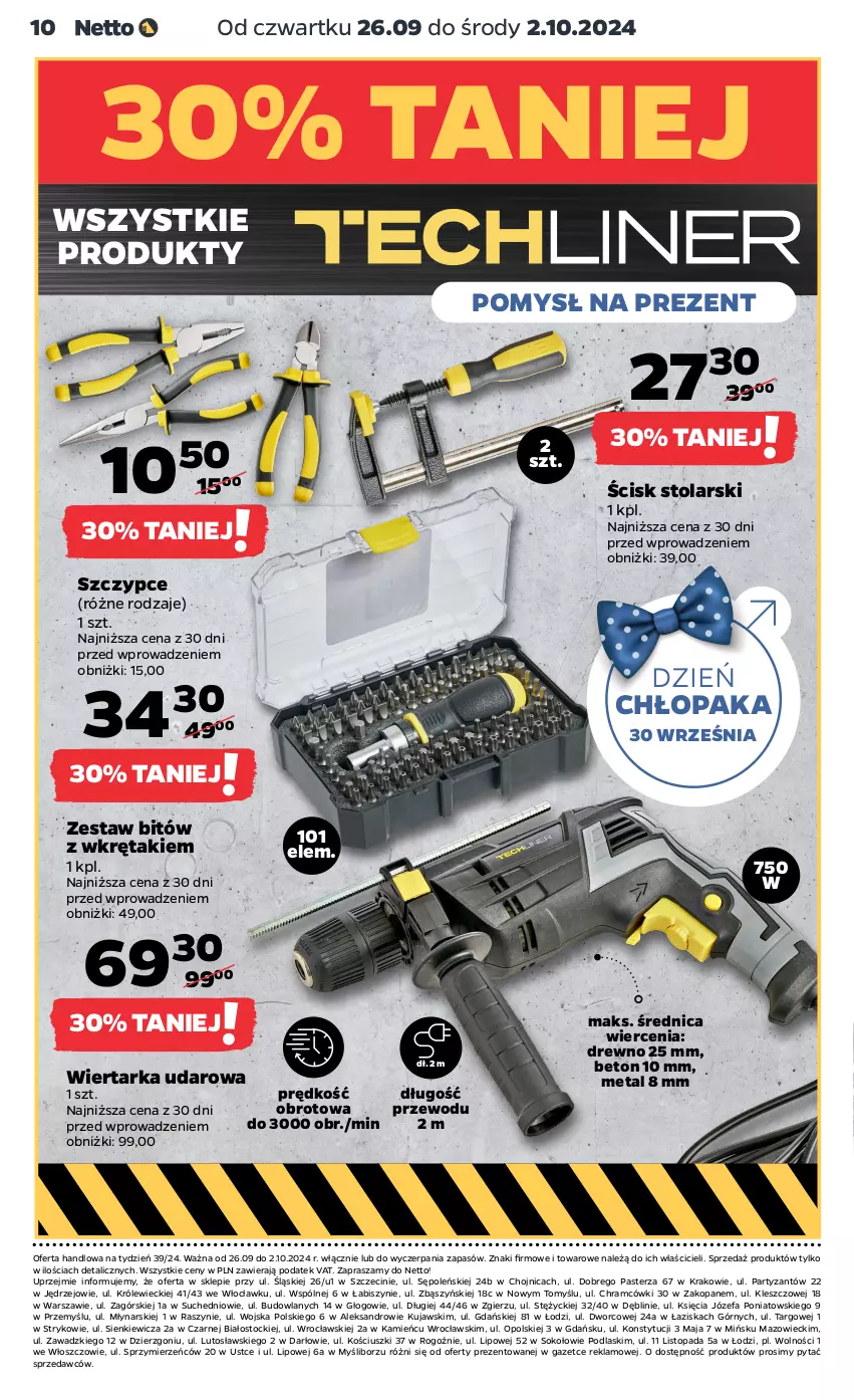 Gazetka promocyjna Netto - Akcesoria i dodatki - ważna 26.09 do 02.10.2024 - strona 10 - produkty: Fa, Kujawski, Podlaski, Sok, Stock, Szczypce, Tarka, Top, Wiertarka, Wiertarka udarowa, Wkręt