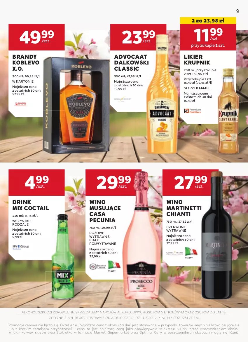 Gazetka promocyjna Stokrotka - W dobrym Smaku - ważna 23.04 do 21.05.2025 - strona 9 - produkty: Advocaat, Brandy, Chia, Chianti, Krupnik, Likier, Mus, Optima, Wino, Wino musujące