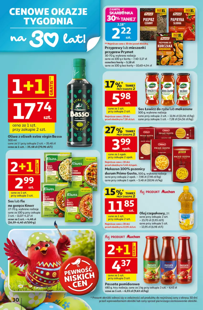 Gazetka promocyjna Auchan - Gazetka 30 Lat Hipermarket Auchan - ważna 12.03 do 18.03.2026 - strona 30 - produkty: Gin, Gra, Knorr, Makaron, Olej, Olej rzepakowy, Oliwa z oliwek, Prymat, Przyprawy, Rum, Ryż, Sos