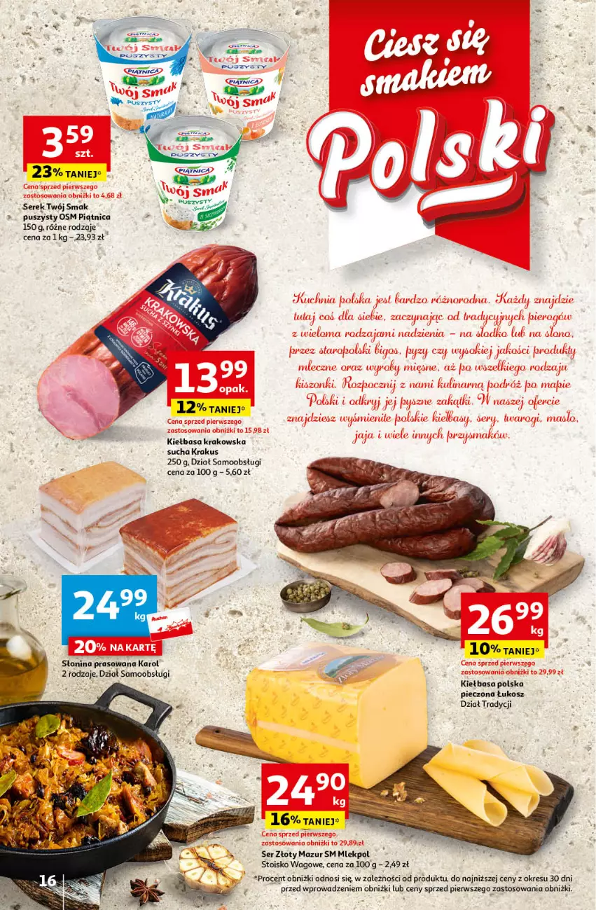 Gazetka promocyjna Auchan - Gazetka z MAŁĄ CENKĄ dźwigniesz więcej! Hipermarket Auchan - ważna 29.02 do 06.03.2024 - strona 16 - produkty: Gres, Kiełbasa, Kiełbasa krakowska, Kosz, Krakus, Piec, Ser, Serek, Twój Smak, Złoty Mazur