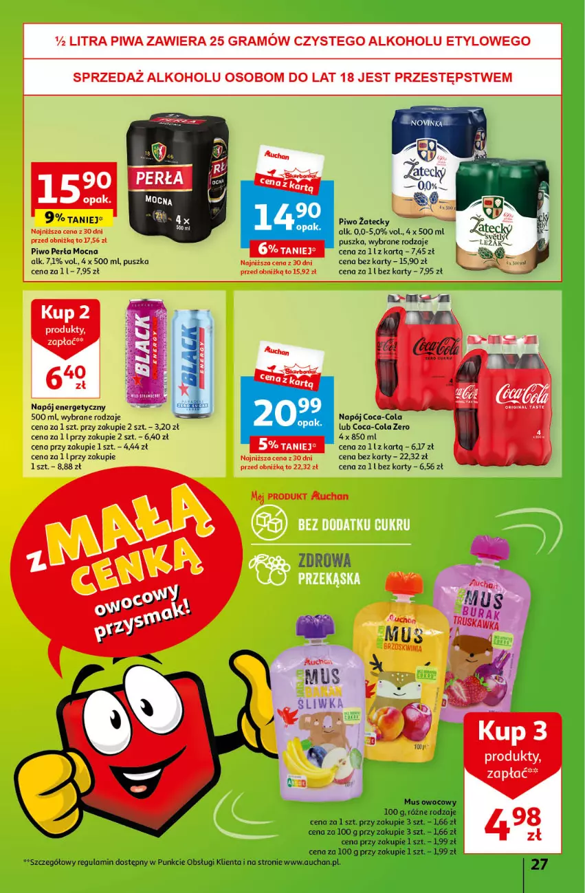 Gazetka promocyjna Auchan - Gazetka z MAŁĄ CENKĄ dźwigniesz więcej! Hipermarket Auchan - ważna 29.02 do 06.03.2024 - strona 27 - produkty: Coca-Cola, Gra, Mus, Napój, Napój energetyczny, Perła, Piwa, Piwo