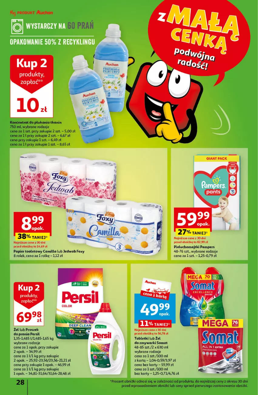 Gazetka promocyjna Auchan - Gazetka z MAŁĄ CENKĄ dźwigniesz więcej! Hipermarket Auchan - ważna 29.02 do 06.03.2024 - strona 28 - produkty: Foxy, Majtki, Pampers, Papier, Papier toaletowy, Persil, Pieluchomajtki, Proszek do prania, Somat, Tablet, Zmywarki