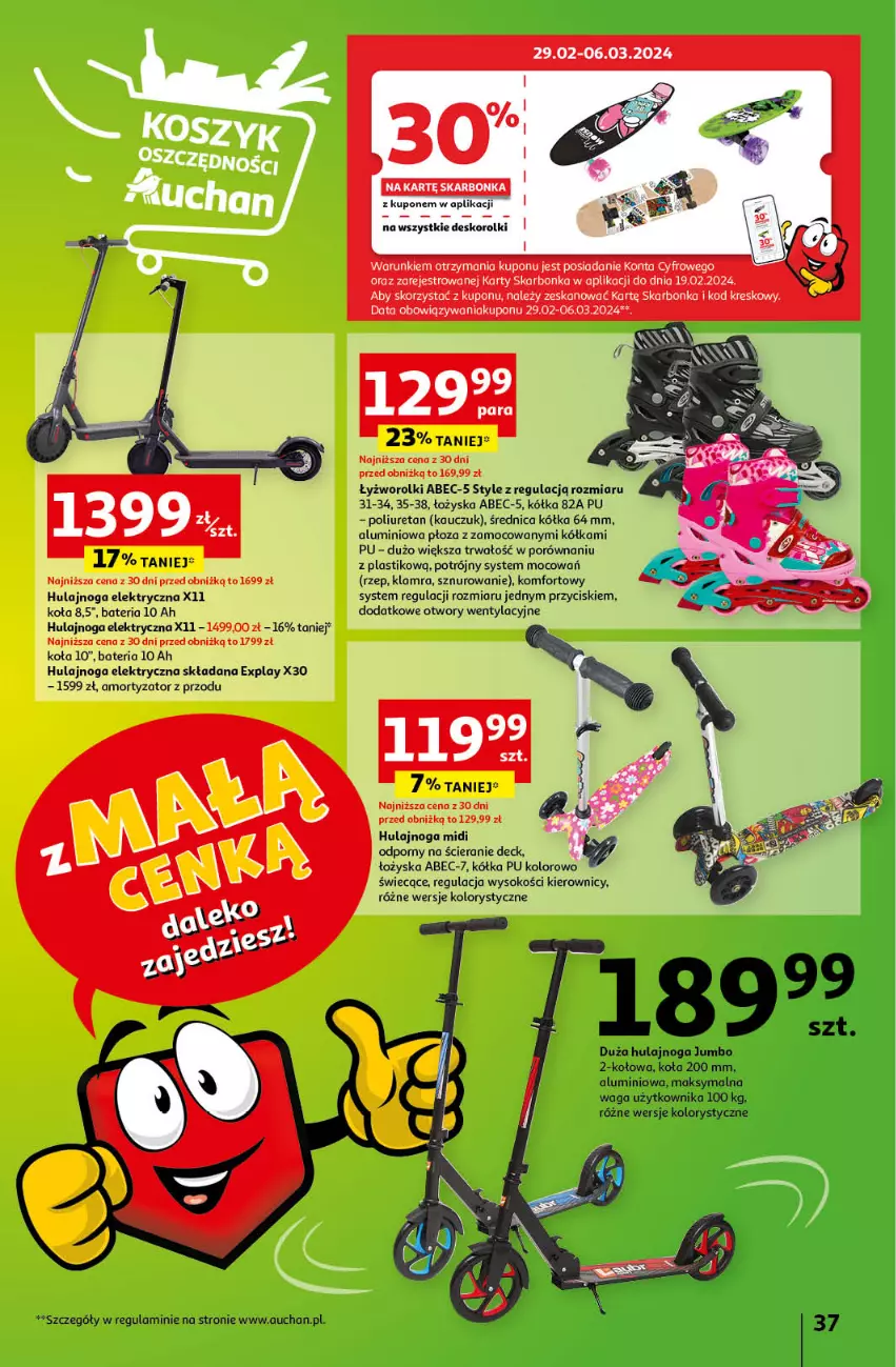 Gazetka promocyjna Auchan - Gazetka z MAŁĄ CENKĄ dźwigniesz więcej! Hipermarket Auchan - ważna 29.02 do 06.03.2024 - strona 37 - produkty: Bateria, Hulajnoga, Hulajnoga elektryczna, Por, Rolki, Sok, Waga