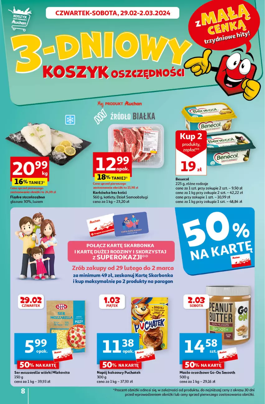 Gazetka promocyjna Auchan - Gazetka z MAŁĄ CENKĄ dźwigniesz więcej! Hipermarket Auchan - ważna 29.02 do 06.03.2024 - strona 8 - produkty: Benecol, Glazura, Kakao, Kosz, Kotlet, Lazur, Masło, Masło orzechowe, Mleko, Mlekovita, Mozzarella, Napój, Ser