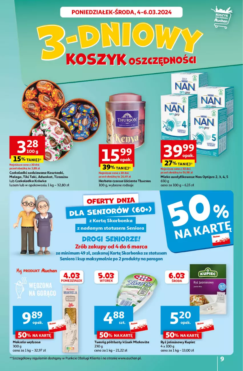 Gazetka promocyjna Auchan - Gazetka z MAŁĄ CENKĄ dźwigniesz więcej! Hipermarket Auchan - ważna 29.02 do 06.03.2024 - strona 9 - produkty: Herbata, Herbata czarna, Kosz, Kupiec, Mleko, Mleko modyfikowane, Mlekovita, NAN Optipro, Piec, Ryż, Twaróg, Twaróg półtłusty