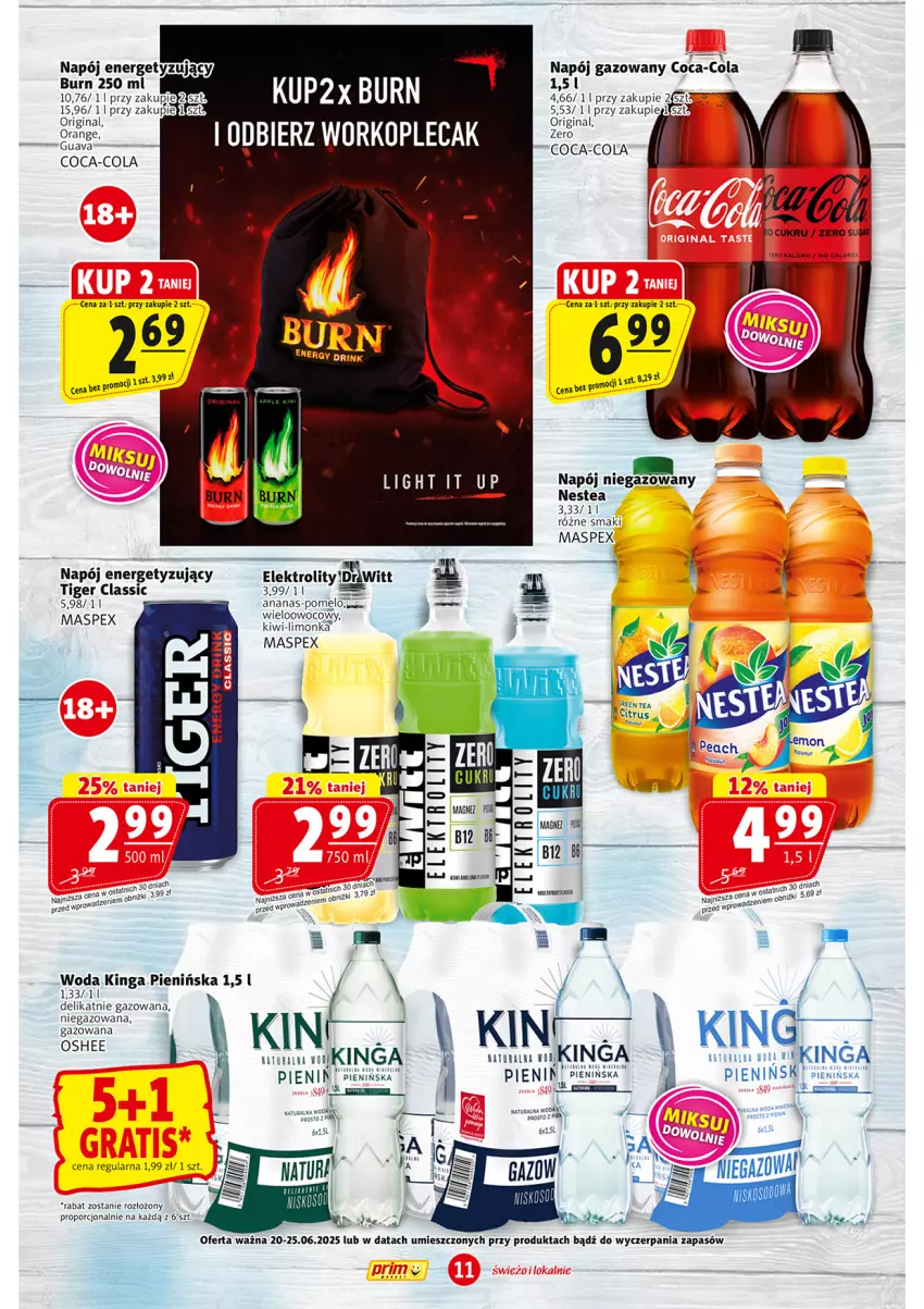 Gazetka promocyjna Prim Market - ważna 20.06 do 25.06.2025 - strona 11 - produkty: Coca-Cola, Gin, K2, Kiwi, Limonka, Napój, Napój gazowany, Napój niegazowany, Nestea, Oshee, Plecak, Pomelo, Por, Tiger, Woda