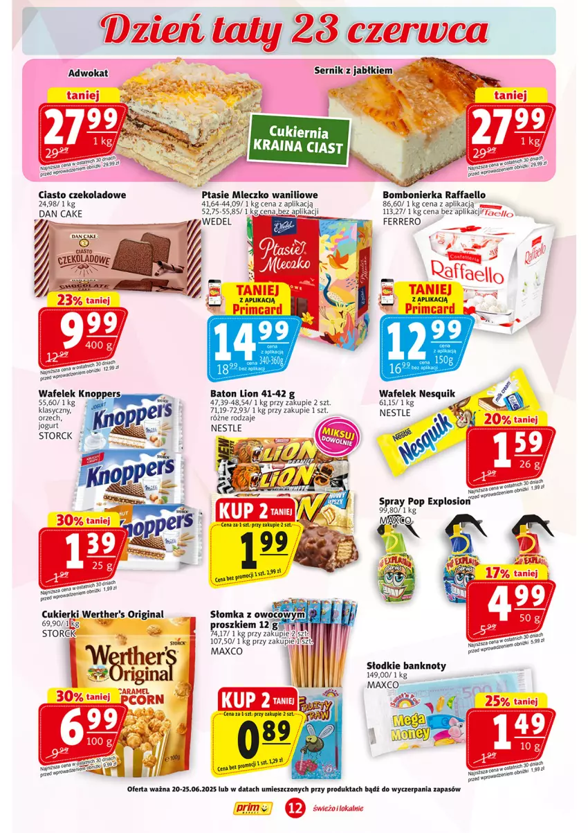 Gazetka promocyjna Prim Market - ważna 20.06 do 25.06.2025 - strona 12 - produkty: Baton, Ciasto czekoladowe, Cukier, Cukierki, Dan Cake, Fa, Ferrero, Jogurt, Lion, Mleczko, Nesquik, Ptasie mleczko, Raffaello, Wafelek
