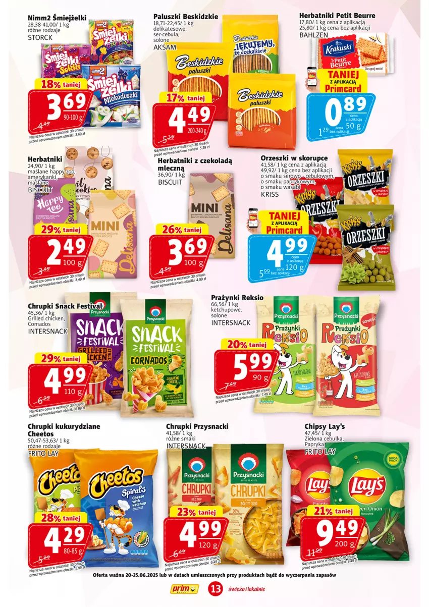 Gazetka promocyjna Prim Market - ważna 20.06 do 25.06.2025 - strona 13 - produkty: Aksam, Beskidzki, Cebula, Cheetos, Chipsy, Chrupki, Grill, Herbatniki, Herbatniki Petit Beurre, Ketchup, Miecz, Nimm2, Orzeszki, Orzeszki w skorupce, Papryka, Przysnacki, Ser, Sos, Wasa
