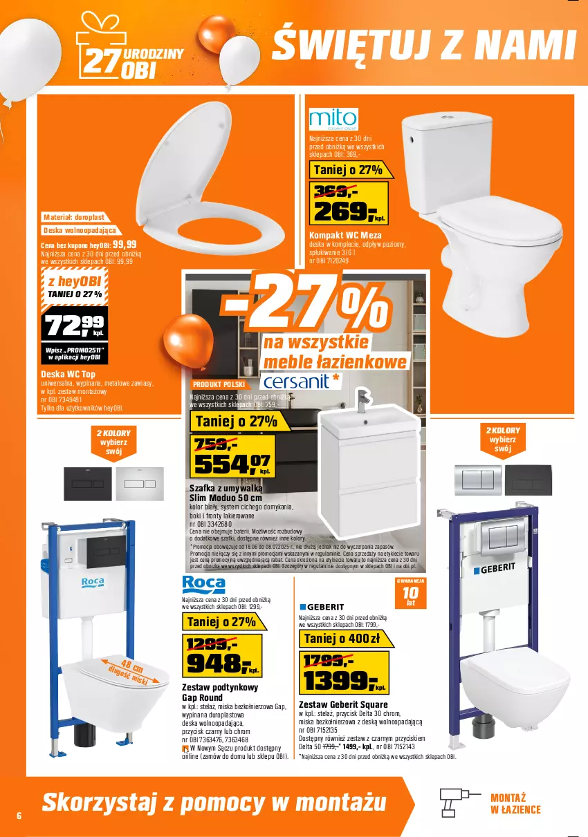 Gazetka promocyjna Obi - Gazetka OBI - ważna 18.06 do 08.07.2025 - strona 6 - produkty: Bateria, Bateria prysznicowa, Bateria umywalkowa, Bateria wannowa, Brodzik, Deska wolnoopadająca, Fa, Halo, Kabina prysznicowa, Kompakt WC, Lakier, Lustro, Meble, Meble łazienkowe, Miska, Sok, Szafka, Termos, Top, Tran