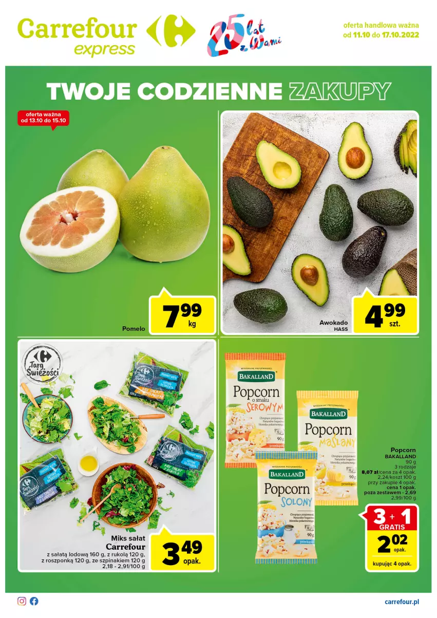 Gazetka promocyjna Carrefour - Gazetka Express - ważna 11.10 do 17.10.2022 - strona 1 - produkty: Bakalland, Kosz, Pomelo, Popcorn, Sałat, Szpinak