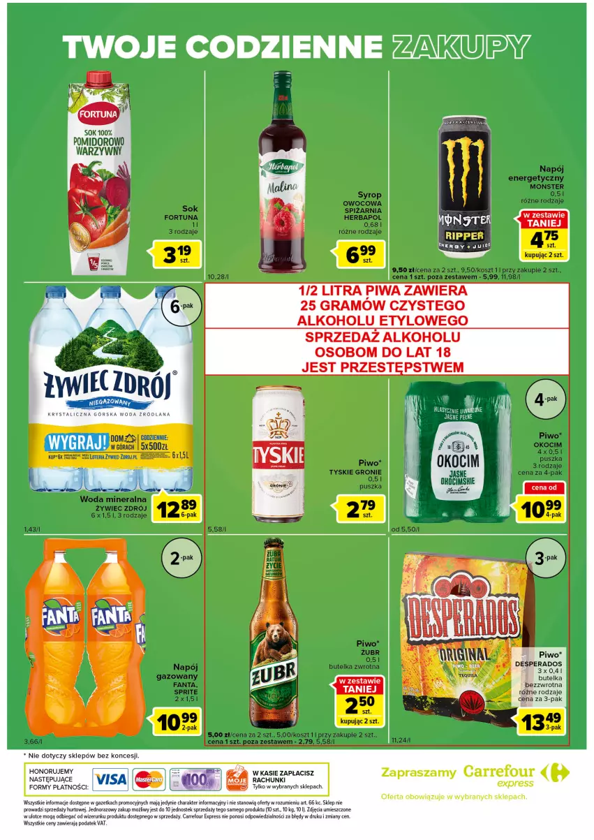 Gazetka promocyjna Carrefour - Gazetka Express - ważna 11.10 do 17.10.2022 - strona 6 - produkty: Desperados, Fortuna, Gra, Herbapol, Koc, Kosz, LANA, Napój, Napój energetyczny, Okocim, Piwo, Sok, Sprite, Stek, Syrop, Tyskie, Woda, Woda mineralna