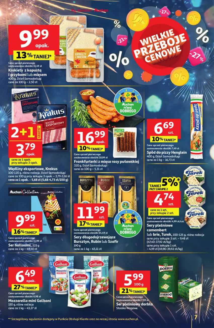 Gazetka promocyjna Auchan - Gazetka Sylwestrowe Okazje - ważna 27.12 do 31.12.2025 - strona 7 - produkty: Brie, Bursztyn, Camembert, Fa, Frankfurterki, Galbani, Krakus, Mozzarella, Por, Rubin, Ser, Spód do pizzy, Sport, Top