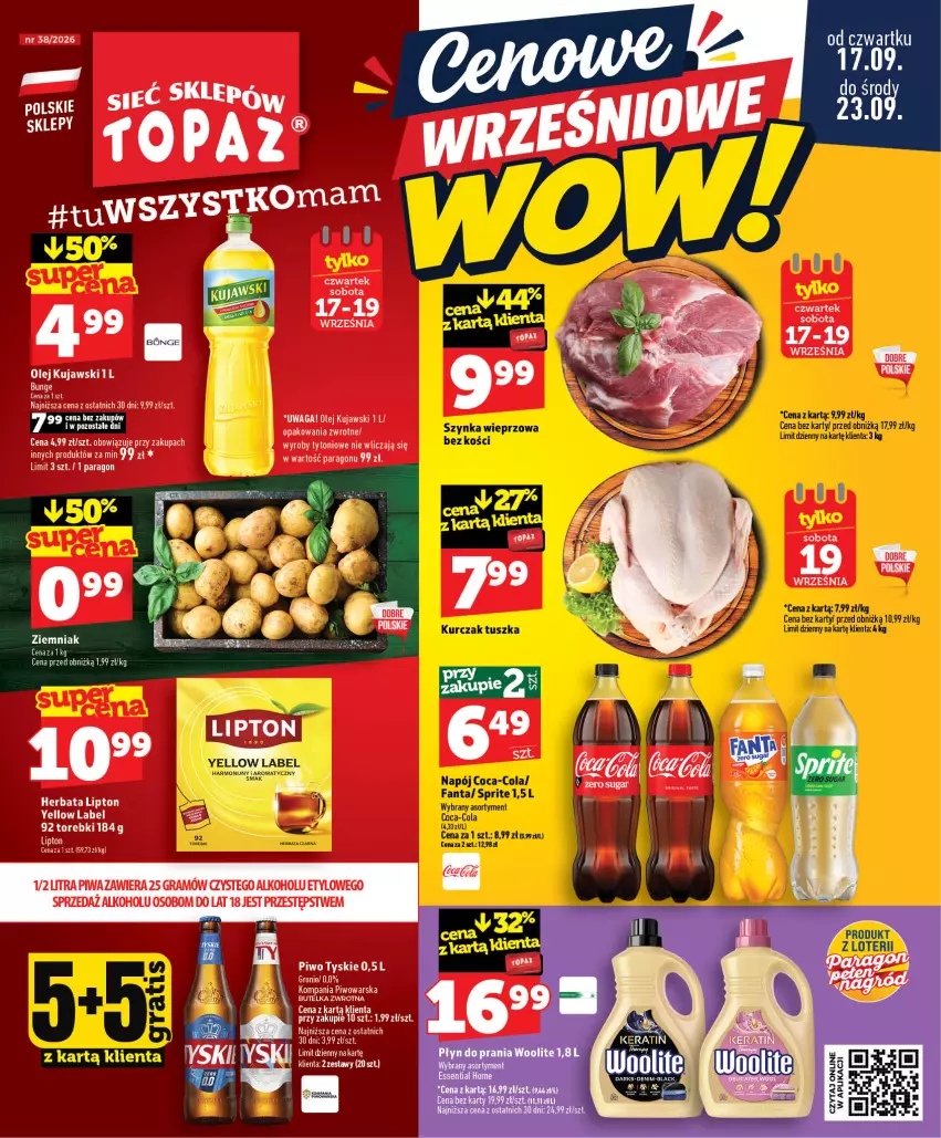 Gazetka promocyjna Topaz - Gazetka - ważna 17.09 do 23.09.2026 - strona 1 - produkty: Gra, Herbata, Kujawski, Lipton, Olej, Piwa, Piwo, Top, Tyskie