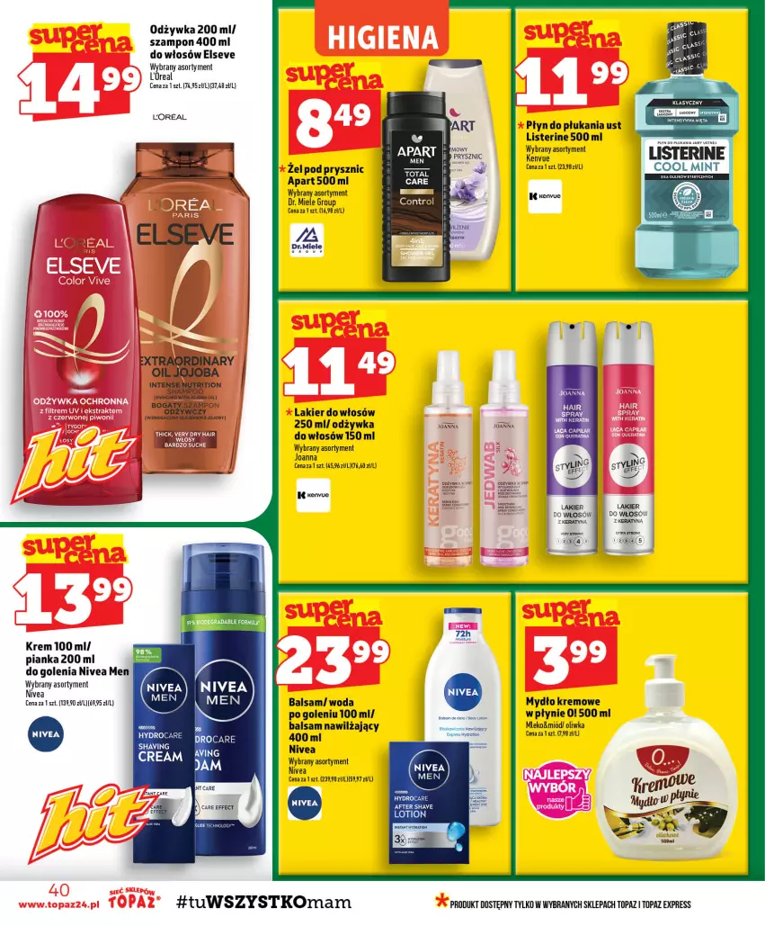 Gazetka promocyjna Topaz - Gazetka - ważna 17.09 do 23.09.2026 - strona 40 - produkty: Acana, Elseve, Fa, Joanna, Lakier, Lakier do włosów, Listerine, Mięta, Miód, Mleko, Mydło, Nivea, Nivea Men, Odżywka, Płyn do płukania, Płyn do płukania jamy ustnej, Szampon, Top, Woda