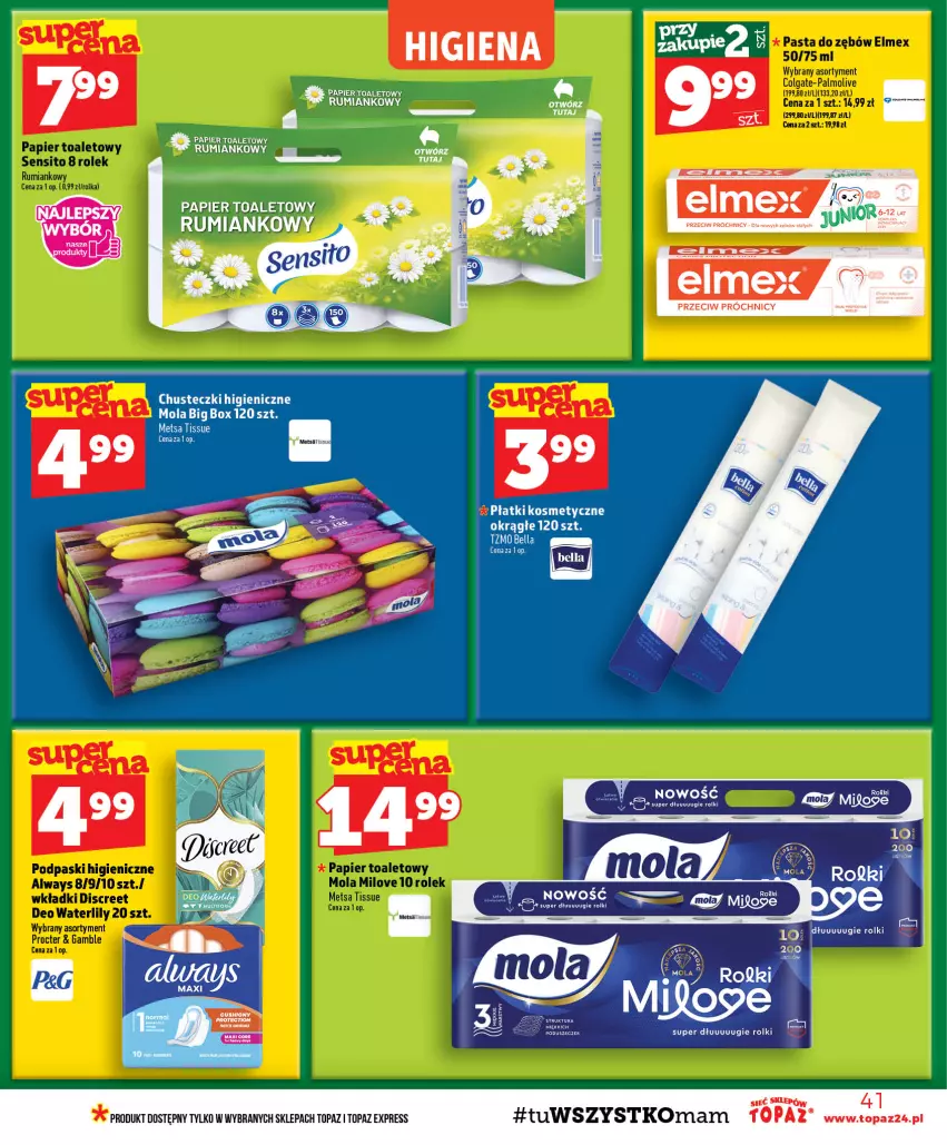 Gazetka promocyjna Topaz - Gazetka - ważna 17.09 do 23.09.2026 - strona 41 - produkty: Always, Bell, Bella, Chusteczki, Colgate, Discreet, Elmex, LG, Mola, Palmolive, Papier, Papier toaletowy, Pasta do zębów, Podpaski, Rum, Sito, Top, Wkładki
