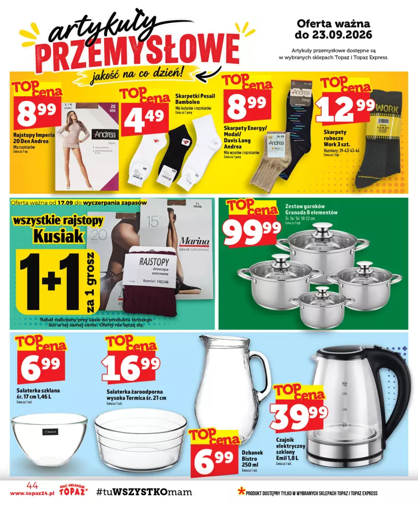 Gazetka promocyjna Topaz - Gazetka - ważna 17.09 do 23.09.2026 - strona 44 - produkty: Czajnik, Dzbanek, Gra, Karp, LANA, Moda, Oleo, Por, Rajstopy, Salaterka, Skarpetki, Sok, Top