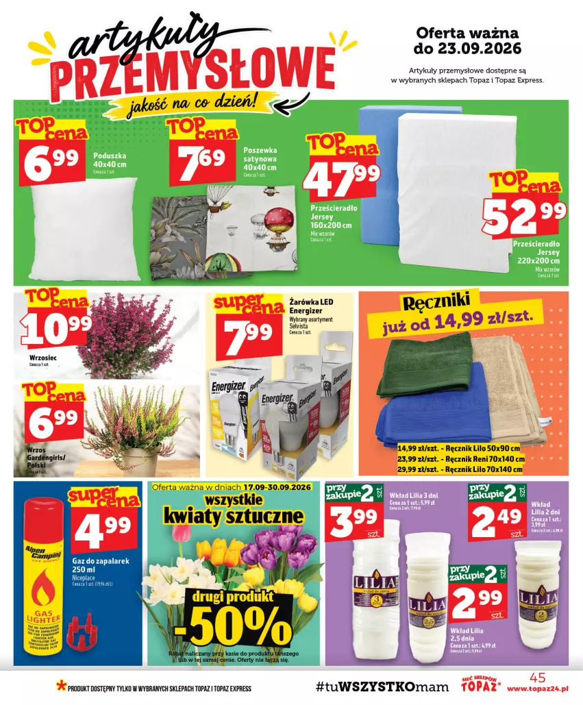 Gazetka promocyjna Topaz - Gazetka - ważna 17.09 do 23.09.2026 - strona 45 - produkty: Energizer, Poduszka, Poszewka, Prześcieradło, Ręcznik, Top
