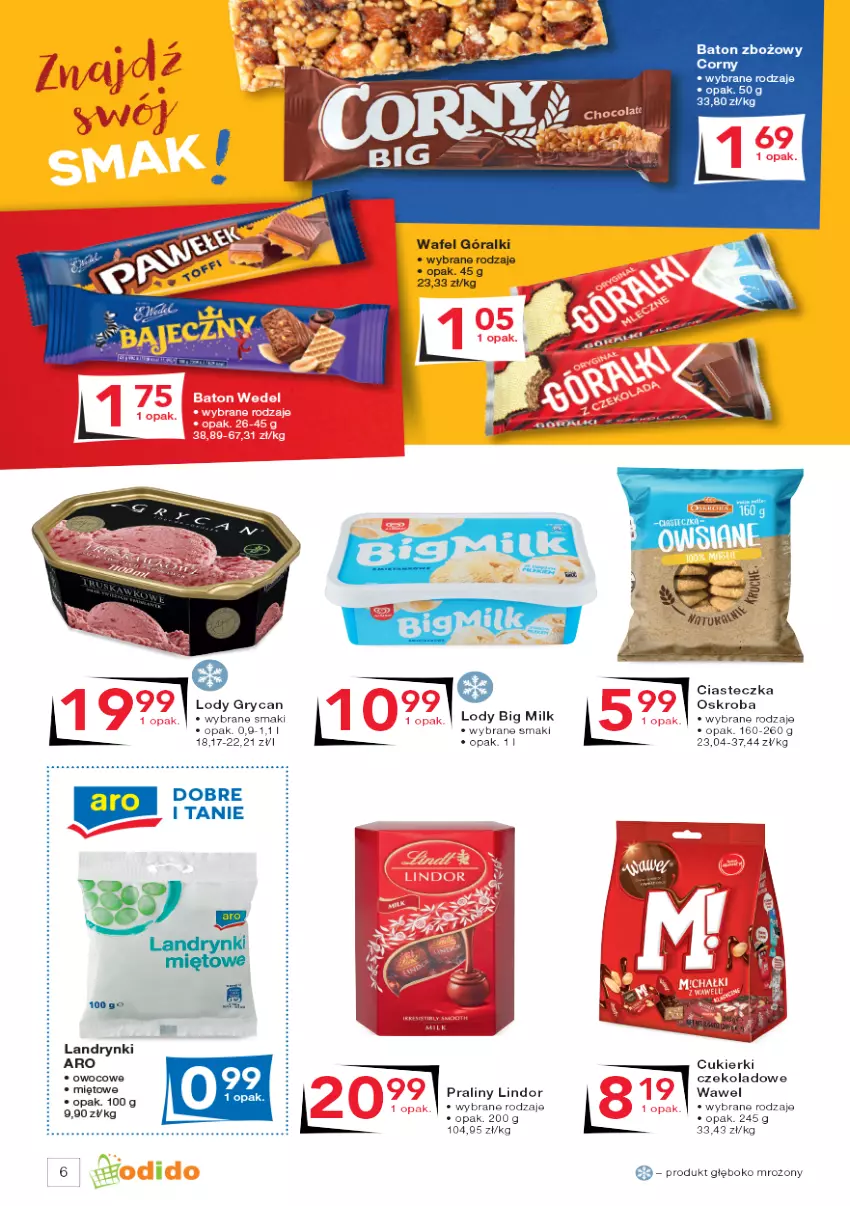 Gazetka promocyjna Odido - Super Oferty! - ważna 26.08 do 08.09.2022 - strona 6 - produkty: Baton, Big Milk, Cukier, Cukierki, Cukierki czekoladowe, Góralki, Gry, Lindor, Lody, Praliny, Wawel