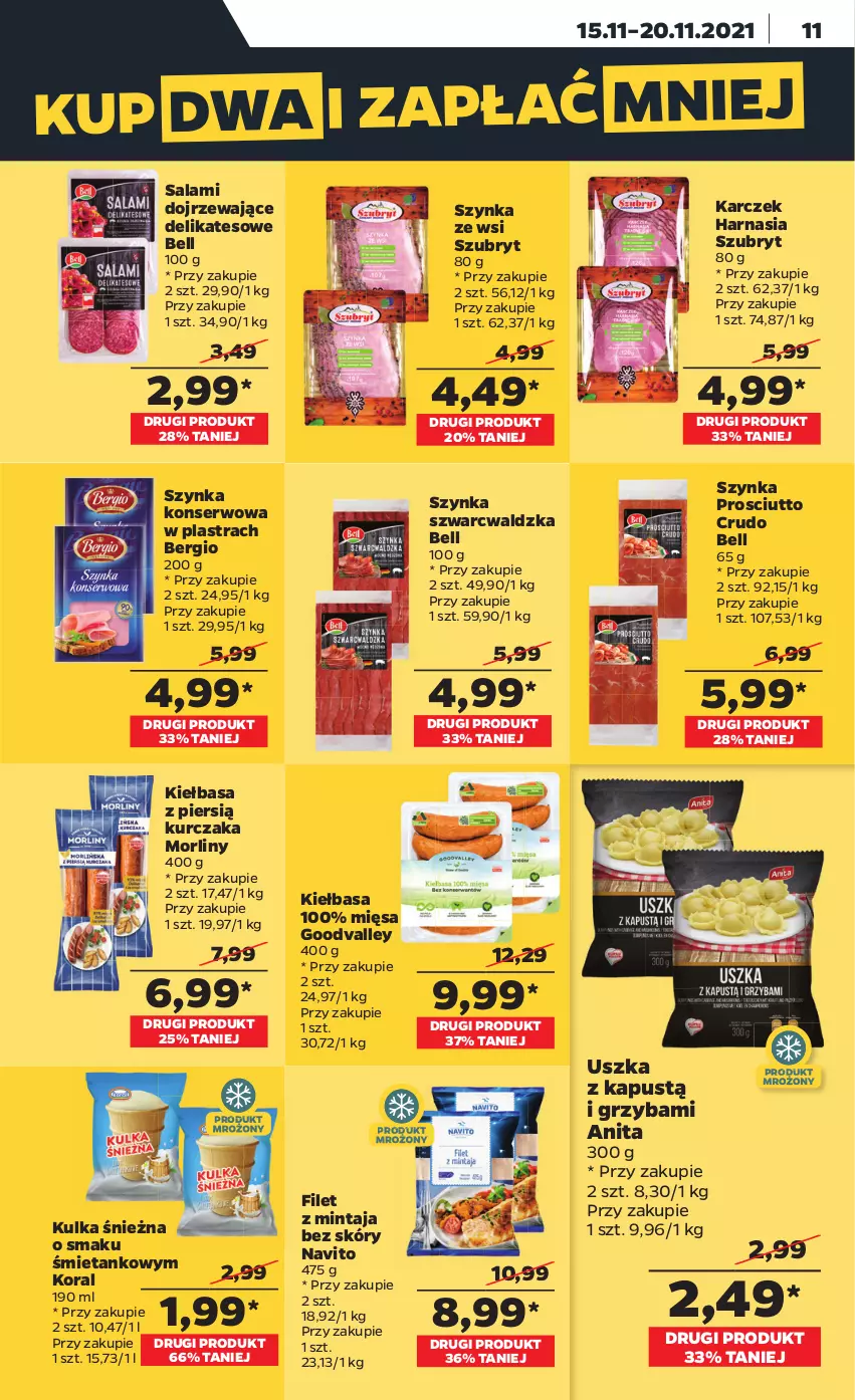 Gazetka promocyjna Netto - Gazetka spożywcza - ważna 15.11 do 20.11.2021 - strona 11 - produkty: Bell, Filet z mintaja, Kapustą, Kiełbasa, Kurczak, Mintaj, Morliny, Prosciutto, Salami, Ser, Szubryt, Szynka, Szynka konserwowa