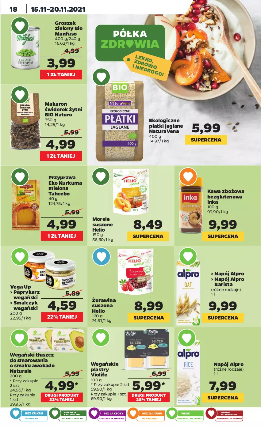 Gazetka promocyjna Netto - Gazetka spożywcza - ważna 15.11 do 20.11.2021 - strona 18 - produkty: Alpro, Groszek, Helio, Inka, Kawa, Kawa zbożowa, Kurkuma, Makaron, Napój, Papryka, Paprykarz, Zdrowie