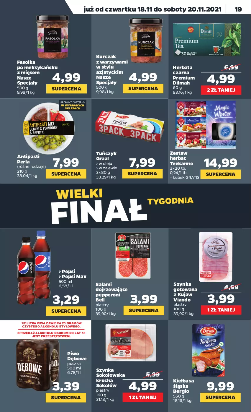 Gazetka promocyjna Netto - Gazetka spożywcza - ważna 15.11 do 20.11.2021 - strona 19 - produkty: Bell, Dilmah, Fa, Gra, Graal, Herbata, Herbata czarna, Kiełbasa, Kiełbasa śląska, Kubek, Kurczak, Olej, Pepsi, Pepsi max, Piwa, Piwo, Salami, Sok, Sokołów, Szynka, Teekanne, Tuńczyk, Warzywa