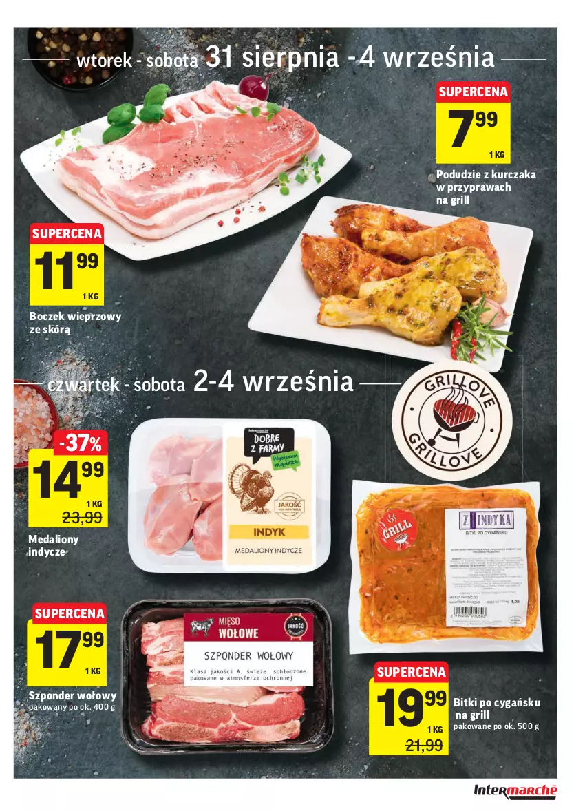 Gazetka promocyjna Intermarche - Gazetka promocyjna - ważna 31.08 do 06.09.2021 - strona 13 - produkty: Boczek, Boczek wieprzowy, Grill, Kurczak, Lion, Medaliony indycze, Podudzie z kurczaka, Szponder wołowy