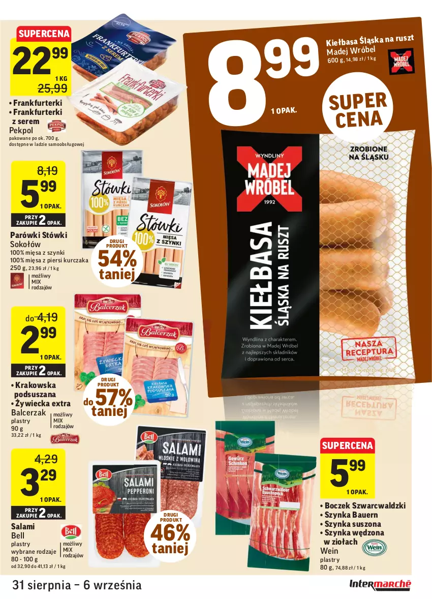 Gazetka promocyjna Intermarche - Gazetka promocyjna - ważna 31.08 do 06.09.2021 - strona 17 - produkty: Bell, Boczek, Frankfurterki, Kurczak, Madej Wróbel, Parówki, Pekpol, Salami, Ser, Sok, Sokołów, Szynka