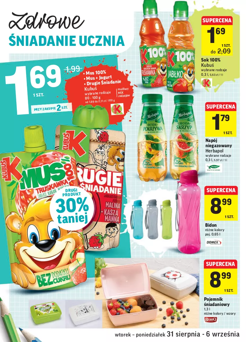 Gazetka promocyjna Intermarche - Gazetka promocyjna - ważna 31.08 do 06.09.2021 - strona 4 - produkty: Danio, Herbapol, Jogurt, Kubuś, Mus, Napój, Napój niegazowany, Pojemnik, Sok