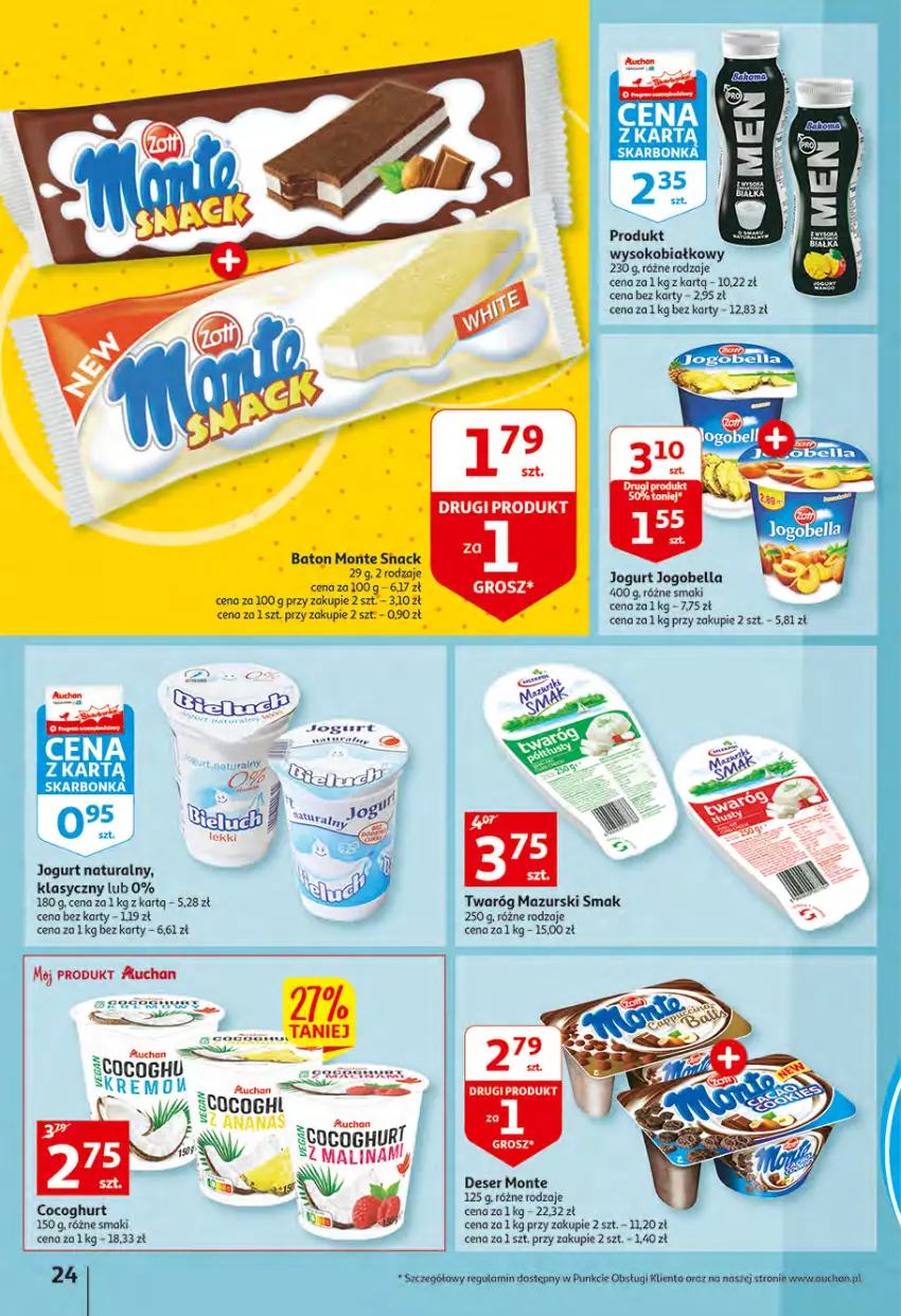 Gazetka promocyjna Auchan - Wiosenny ogród jest w cenie Hipermarkety - ważna 28.04 do 04.05.2022 - strona 24 - produkty: Baton, Bell, Bella, Deser, Jogobella, Jogurt, Jogurt naturalny, Monte, Ser, Sok, Twaróg