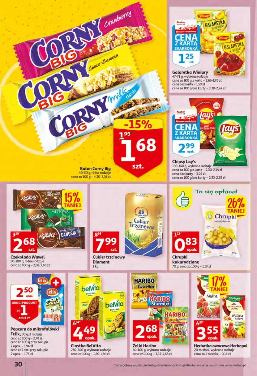 Gazetka promocyjna Auchan - Wiosenny ogród jest w cenie Hipermarkety - ważna 28.04 do 04.05.2022 - strona 30 - produkty: Baton, BelVita, Chipsy, Chrupki, Ciastka, Cukier, Cukier trzcinowy, Czekolada, Diamant, Fa, Felix, Gala, Galaretka, Haribo, Herbapol, Popcorn, Wawel, Winiary