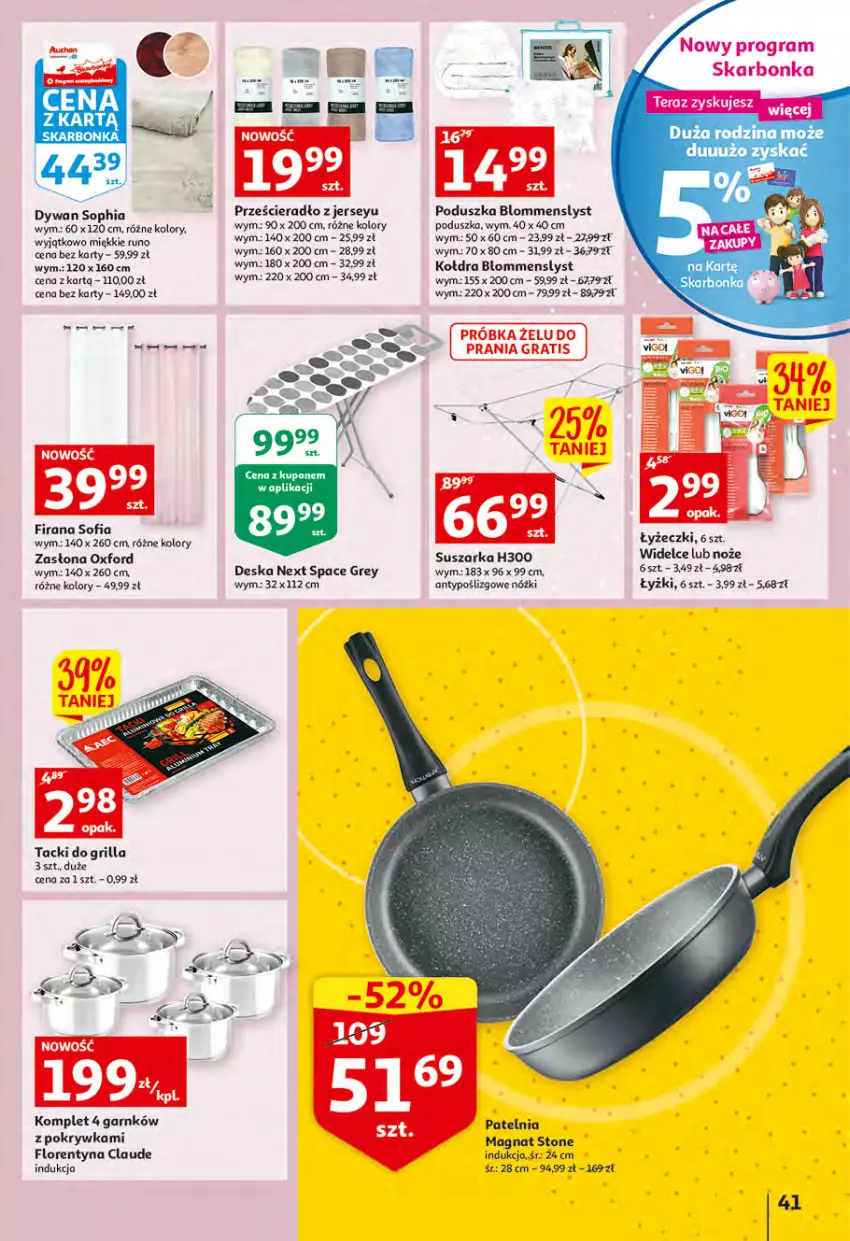 Gazetka promocyjna Auchan - Wiosenny ogród jest w cenie Hipermarkety - ważna 28.04 do 04.05.2022 - strona 41 - produkty: Dywan, Firana, Gra, Grill, Kołdra, Noż, Patelnia, Poduszka, Prześcieradło, Suszarka, Tera, Zasłona