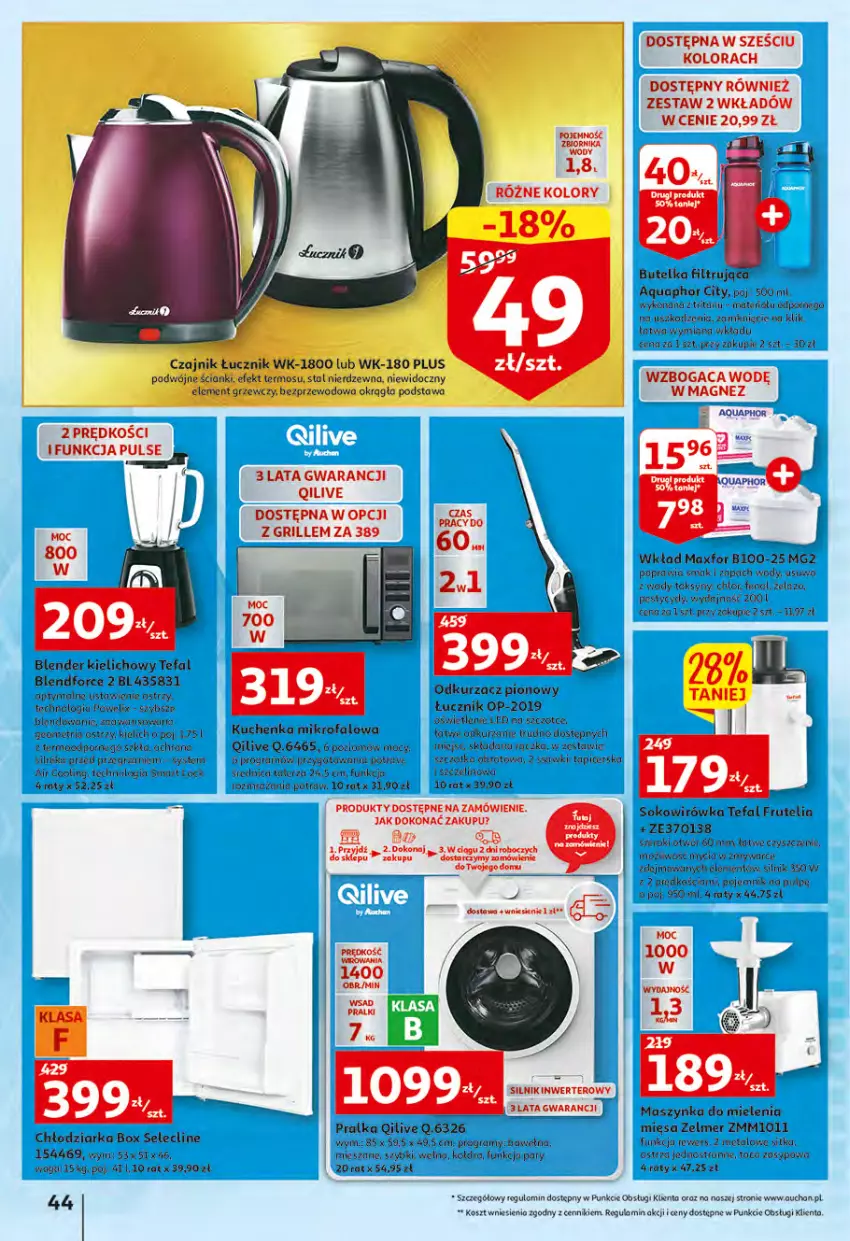 Gazetka promocyjna Auchan - Wiosenny ogród jest w cenie Hipermarkety - ważna 28.04 do 04.05.2022 - strona 44 - produkty: Aquaphor, Blender, Chłodziarka, Clin, Czajnik, Fa, Gra, Grill, Kołdra, Kosz, Kuchenka mikrofalowa, Magnez, Maszynka, Maszynka do mielenia, Odkurzacz, Pojemnik, Por, Pralka, Sok, Szynka, Tefal, Tera, Termos, Waga, Wełna, Zelmer