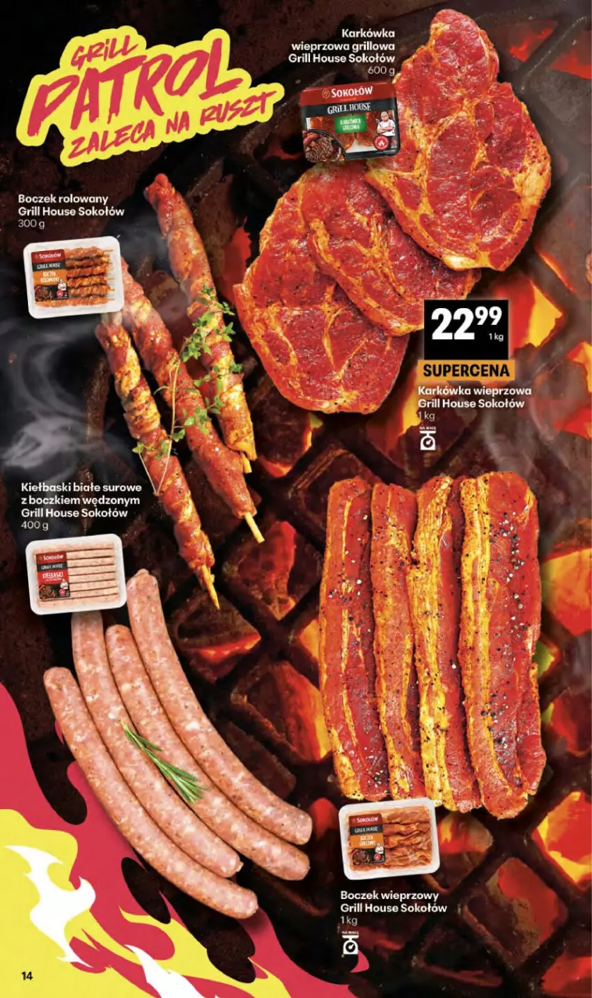 Gazetka promocyjna Delikatesy Centrum - Franczyza DC34 Czwartek - ważna 20.08 do 26.08.2026 - strona 14 - produkty: Boczek, Boczek wieprzowy, Fa, Grill, Karkówka wieprzowa, Kiełbaski białe, Sok, Sokołów