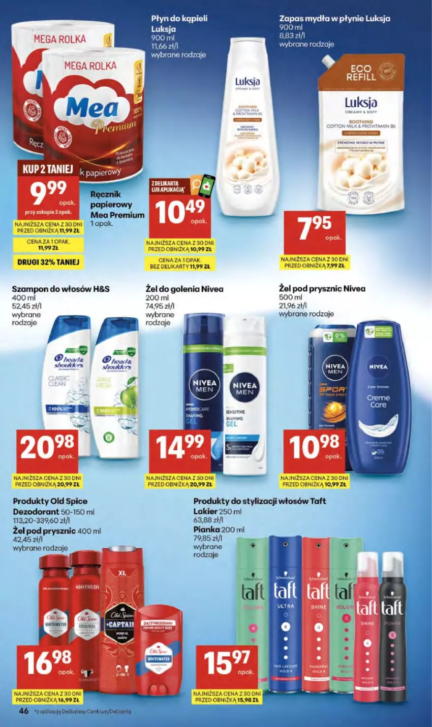 Gazetka promocyjna Delikatesy Centrum - Franczyza DC34 Czwartek - ważna 20.08 do 26.08.2026 - strona 46 - produkty: Dezodorant, Lakier, Luksja, Mydło, Nivea, Old Spice, Płyn do kąpieli, Szampon, Taft, Zapas mydła w płynie