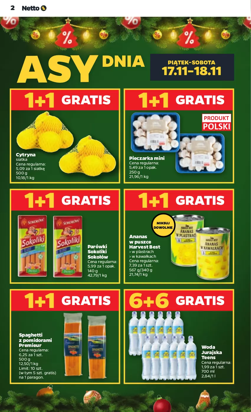 Gazetka promocyjna Netto - Artykuły spożywcze - ważna 16.11 do 22.11.2023 - strona 2 - produkty: Ananas, Gra, Kawa, Parówki, Parówki sokoliki, Piec, Pieczarka, Siatka, Sok, Sokołów, Spaghetti, Woda