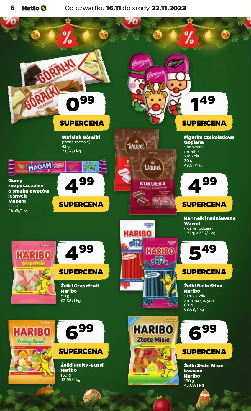 Gazetka promocyjna Netto - Artykuły spożywcze - ważna 16.11 do 22.11.2023 - strona 6 - produkty: Goplana, Góralki, Gra, Haribo, LANA, Renifer, Wafelek, Wawel