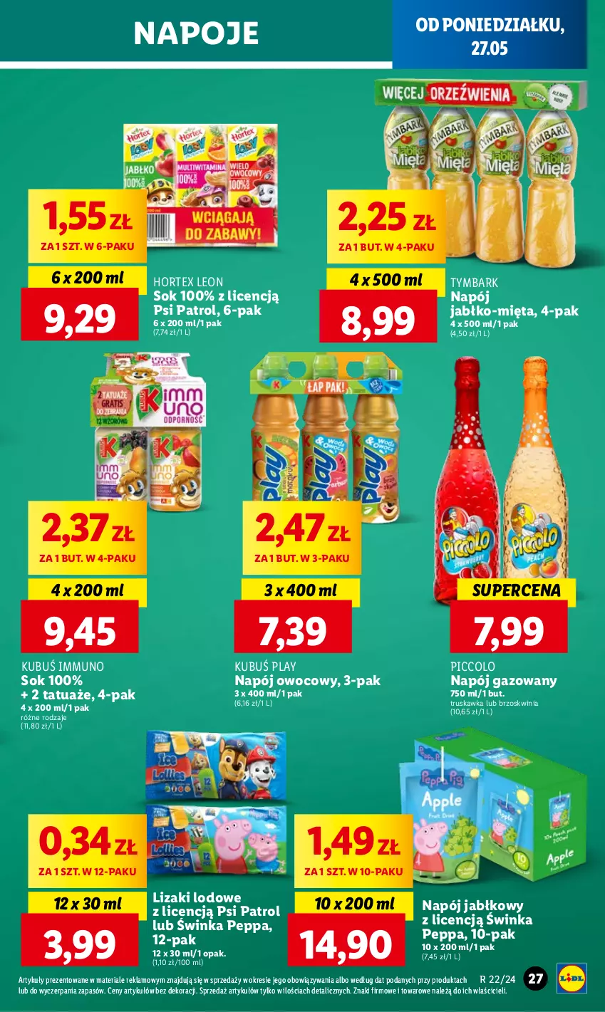 Gazetka promocyjna Lidl - GAZETKA - ważna 27.05 do 29.05.2024 - strona 29 - produkty: Hortex, Inka, Kubuś, Leon, Lizaki, Mięta, Napój, Napój gazowany, Napoje, Psi Patrol, Sok, Tymbark